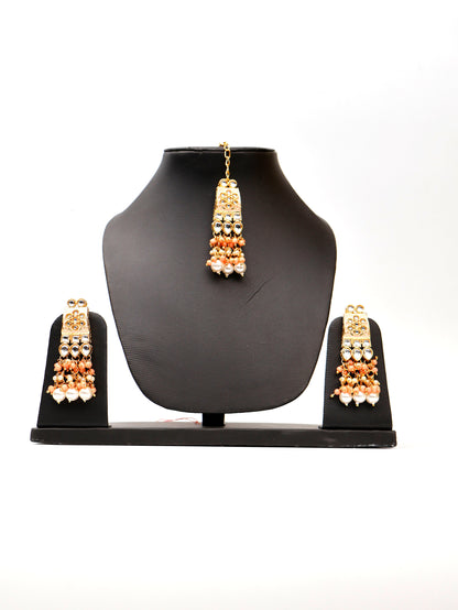 Peach Meenakari Kundan & Pearl Necklace Set with Earrings & Mang Tikka-2