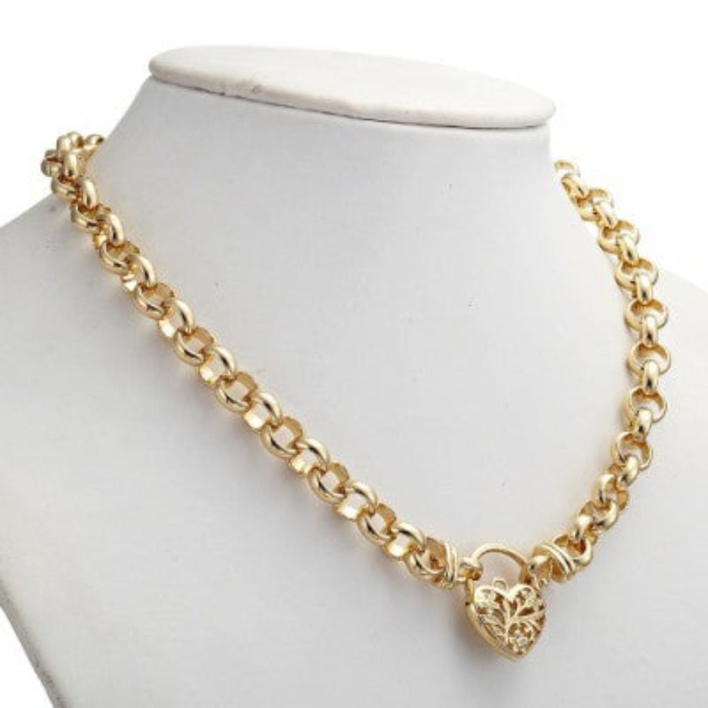 18ct Heavy Yellow Gold Plated 10mm Belcher Chain Necklace with a Filigree Locket - USA Made