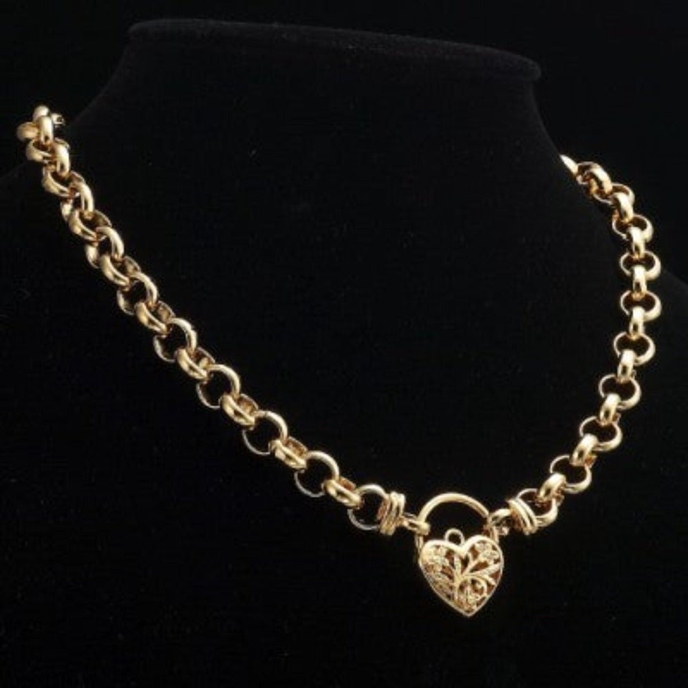 18ct Heavy Yellow Gold Plated 10mm Belcher Chain Necklace with a Filigree Locket - USA Made