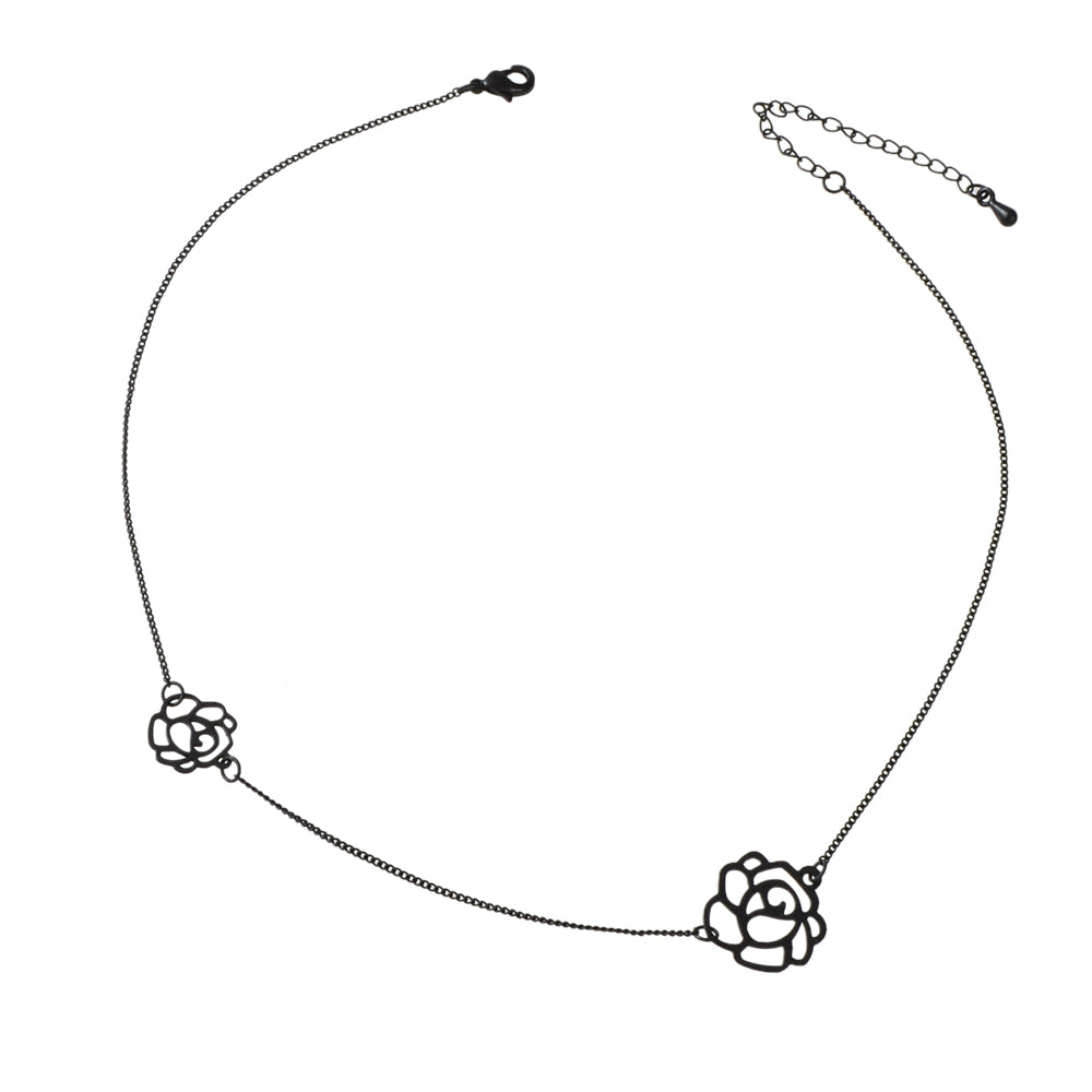 Retro Black Gold Chain Flower Collar Necklace Women Short Choker Accessories-4