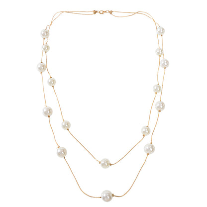 Double Layer Pearl Decor Gold Silver Chain Long Necklace Fashion Accessories-4