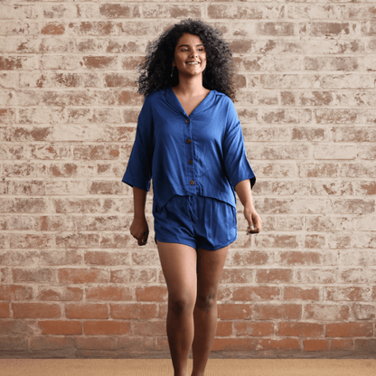 Bamboo Pyjamas - Crop Button Up + Short PJ Set in Navy