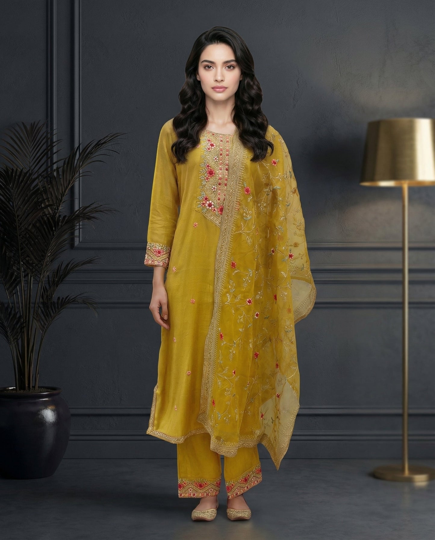 Mustard Yellow Floral Embroidered Kurta Set with Palazzo & Embroidered Organza Dupatta-0