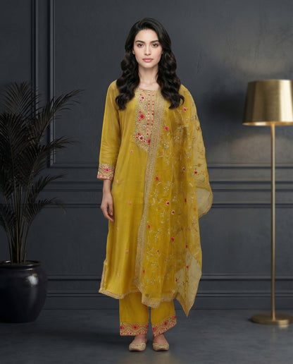 Mustard Yellow Floral Embroidered Kurta Set with Palazzo & Embroidered Organza Dupatta-0
