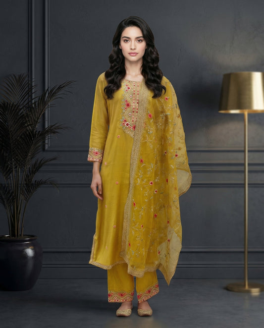 Mustard Yellow Floral Embroidered Kurta Set with Palazzo & Embroidered Organza Dupatta-0
