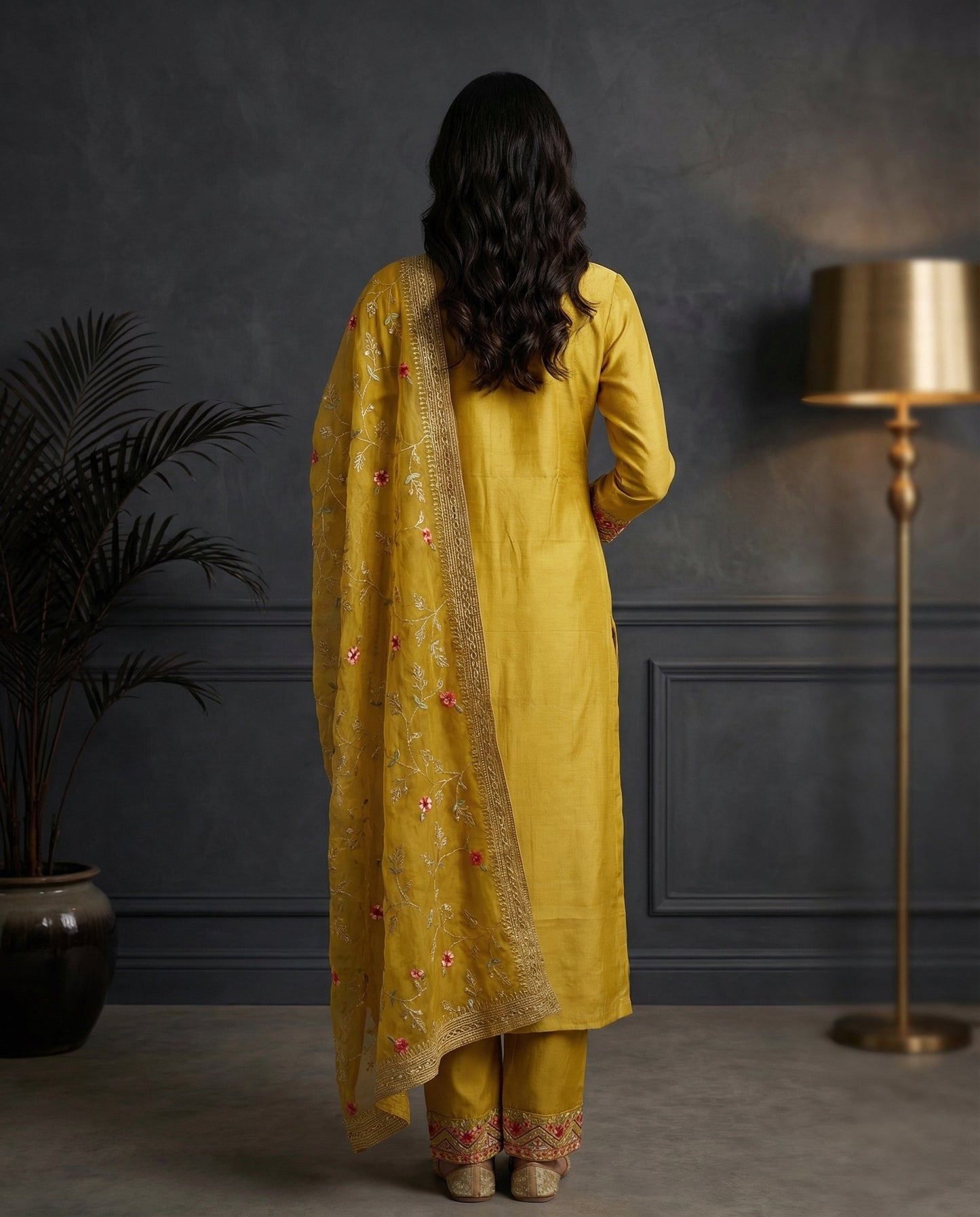 Mustard Yellow Floral Embroidered Kurta Set with Palazzo & Embroidered Organza Dupatta-1