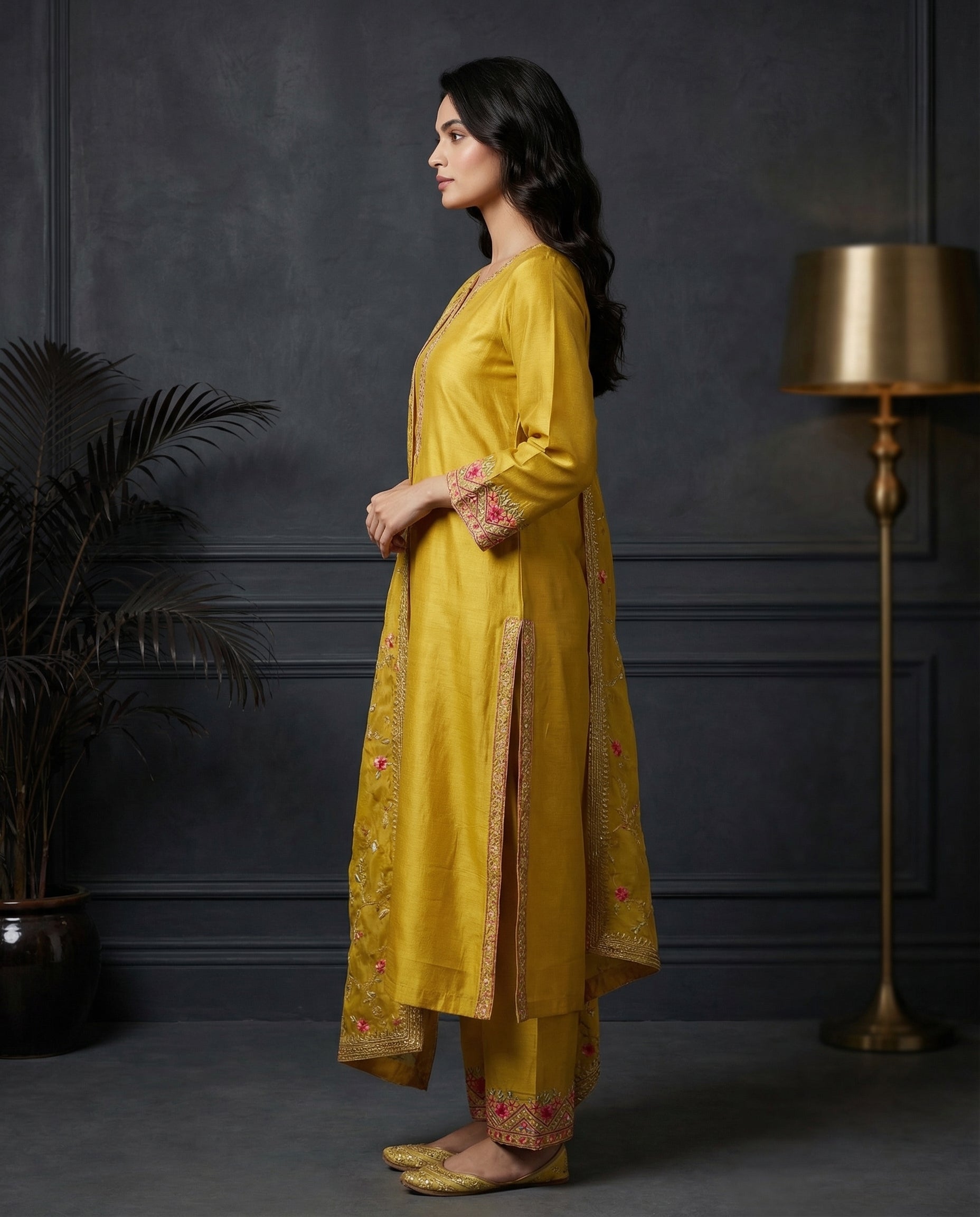 Mustard Yellow Floral Embroidered Kurta Set with Palazzo & Embroidered Organza Dupatta-2