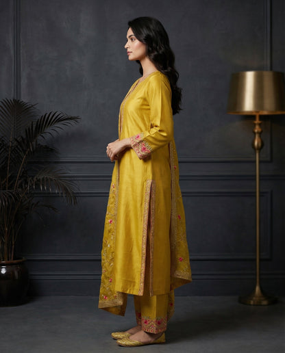 Mustard Yellow Floral Embroidered Kurta Set with Palazzo & Embroidered Organza Dupatta-2