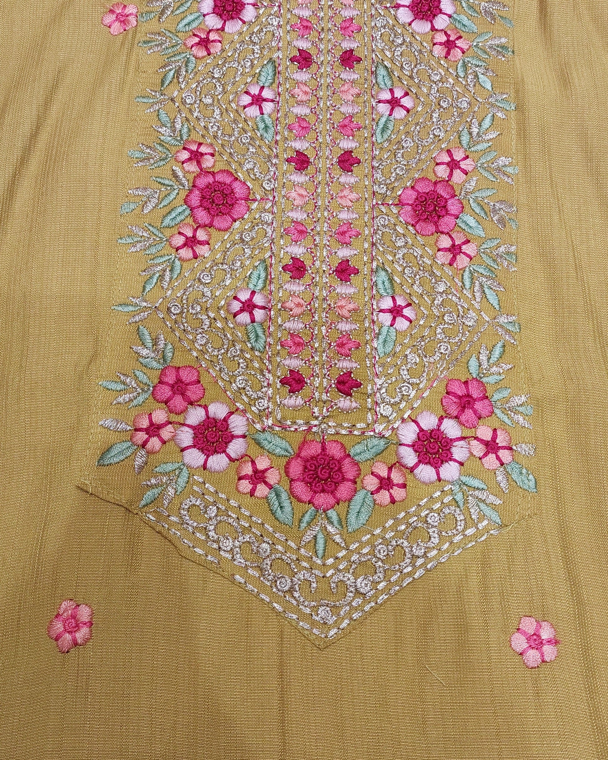 Mustard Yellow Floral Embroidered Kurta Set with Palazzo & Embroidered Organza Dupatta-3