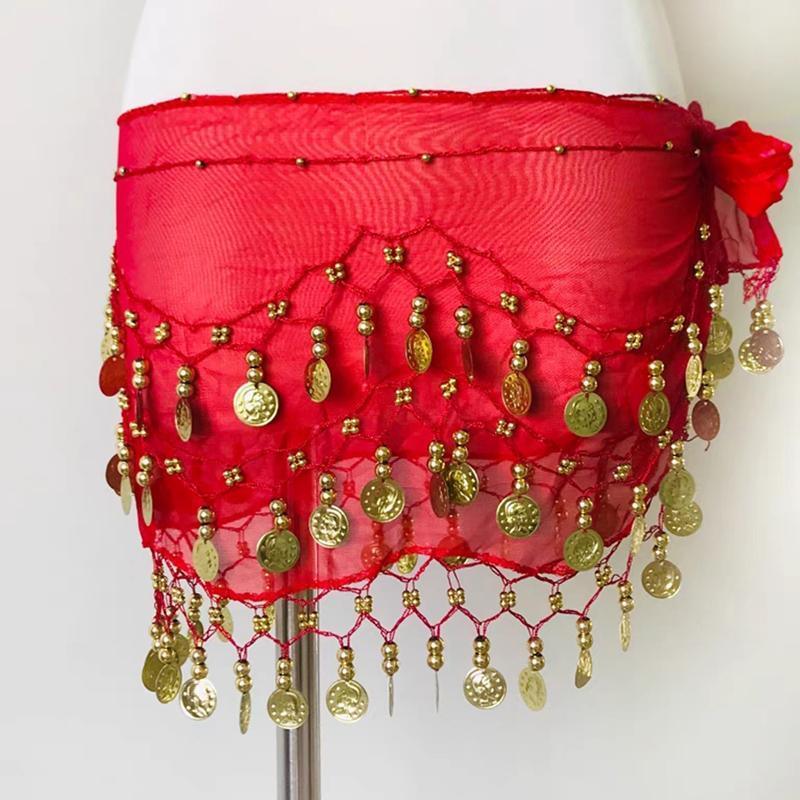 1X 3Rows Belly Dance Dancing Hip Scarf Belt Chain Skirt Golden Tone 98 Coin Bead-2
