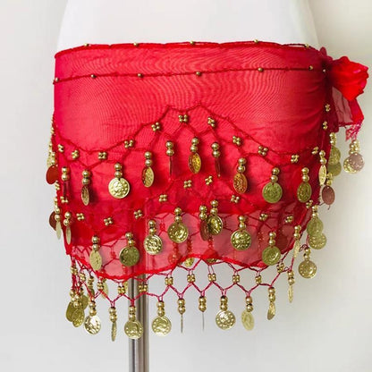 1X 3Rows Belly Dance Dancing Hip Scarf Belt Chain Skirt Golden Tone 98 Coin Bead-2