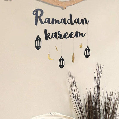 Ramadan Kareem Wooden Ornament Eid Mubarak Islam Mosque Party Hanging Decor-4