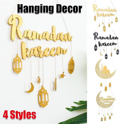 Ramadan Kareem Wooden Ornament Eid Mubarak Islam Mosque Party Hanging Decor-0