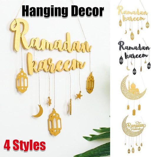 Ramadan Kareem Wooden Ornament Eid Mubarak Islam Mosque Party Hanging Decor-0