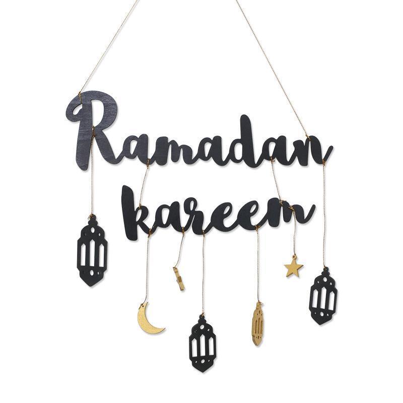 Ramadan Kareem Wooden Ornament Eid Mubarak Islam Mosque Party Hanging Decor-5