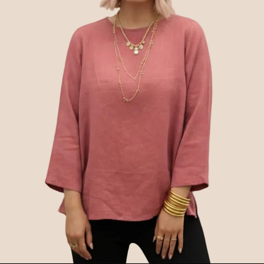 Linen Long Sleeve Top in Antique Red