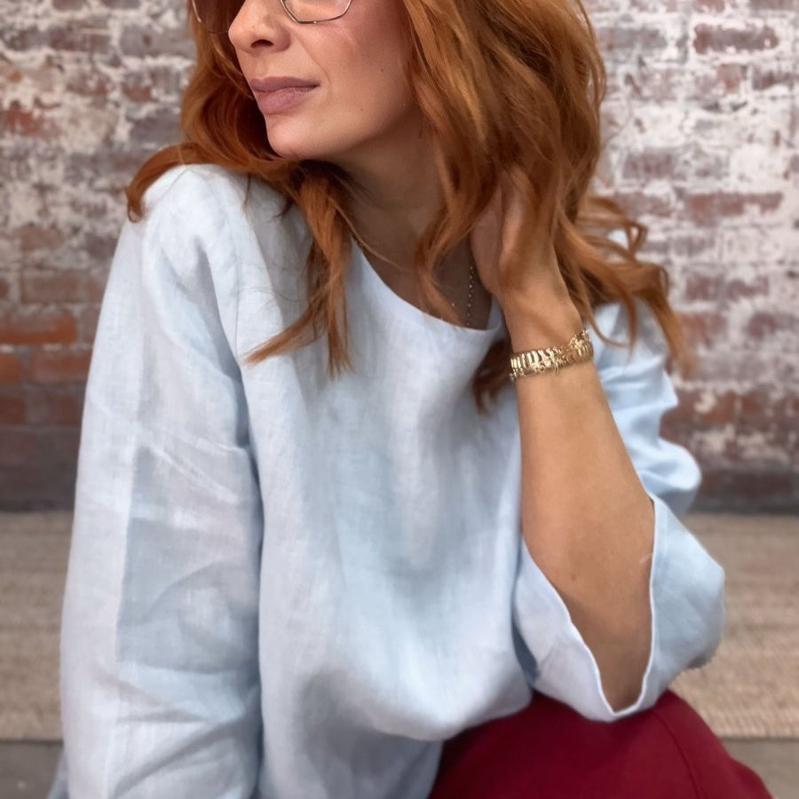 Linen Long Sleeve Top in Baby Blue