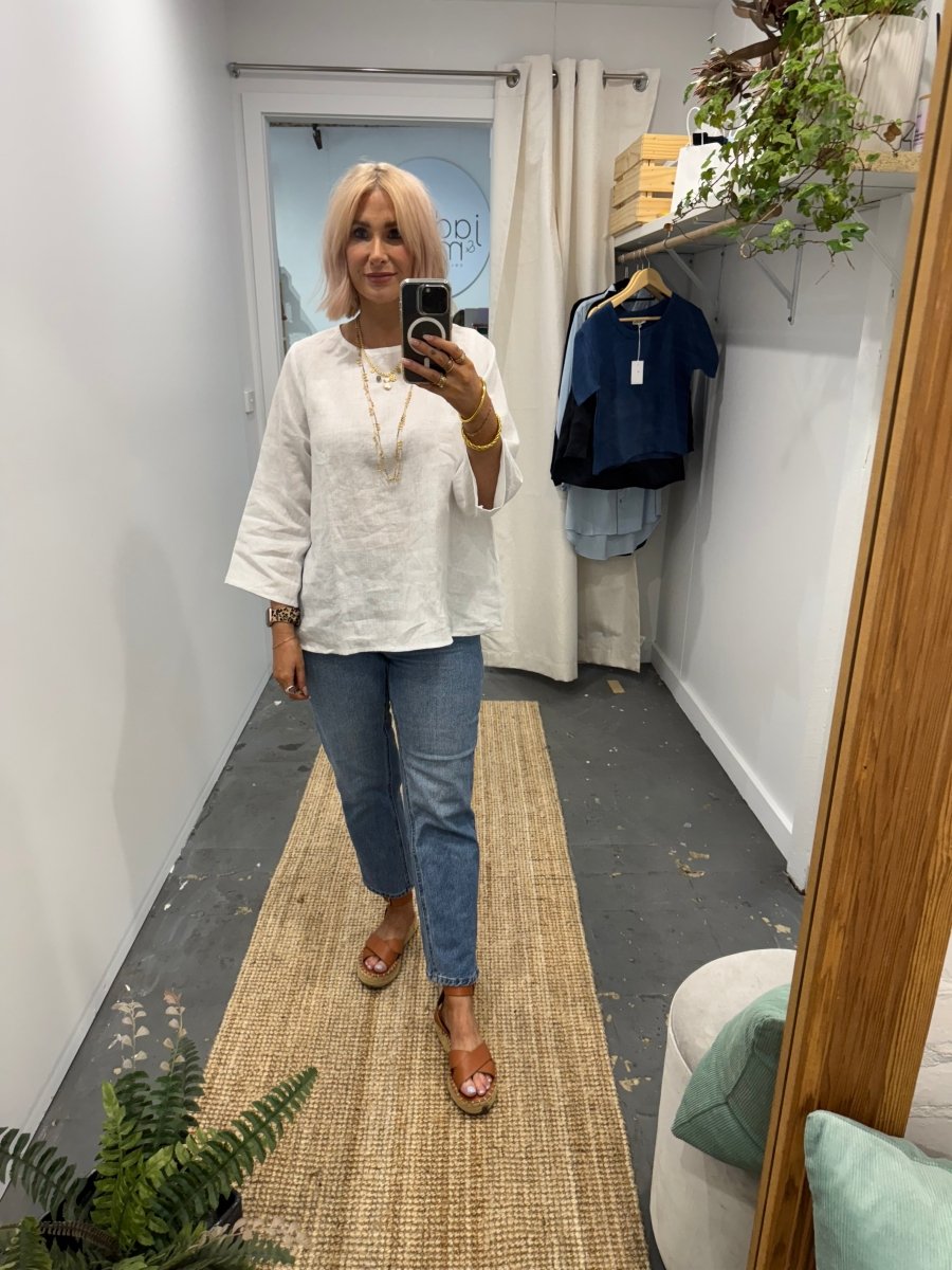 Linen Long Sleeve Top in White