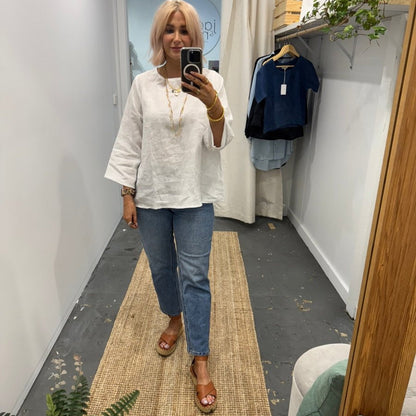 Linen Long Sleeve Top in White