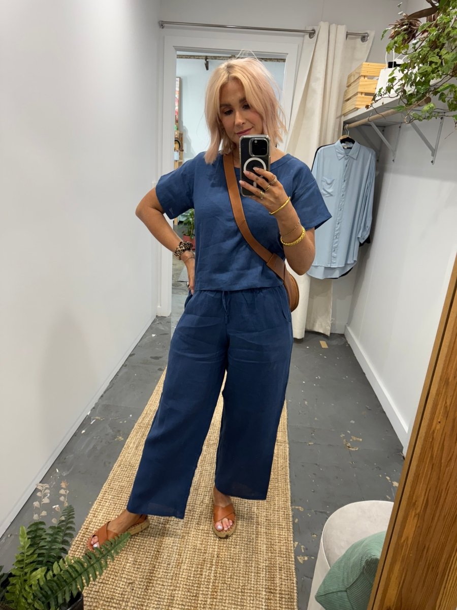 Navy Linen Tee & Wide Leg Pant Set