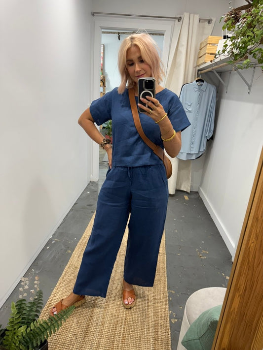Navy Linen Tee & Wide Leg Pant Set