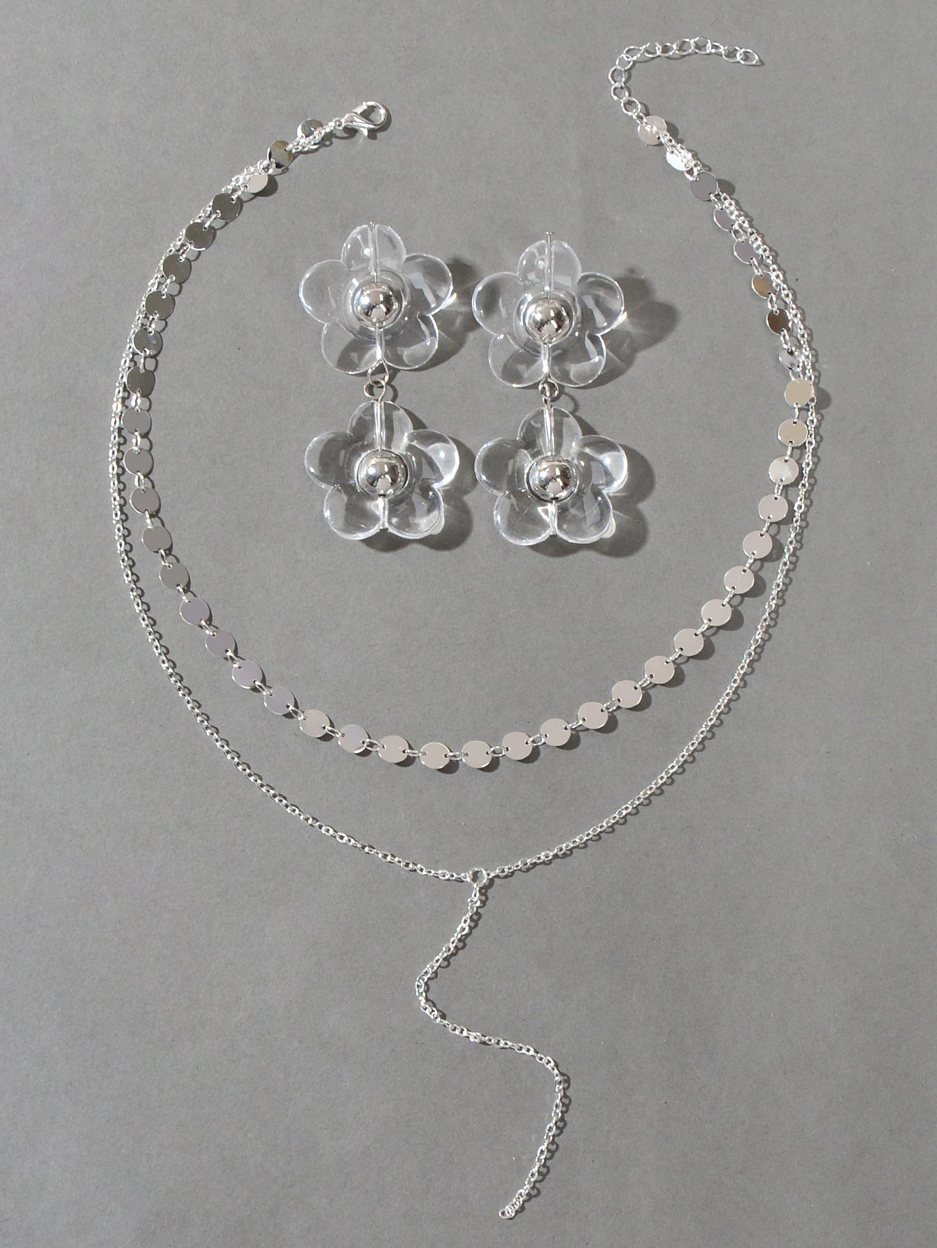 Multi - Layer Tassel Necklace Large Transparent Flower Stud Earrings Jewellery Set - UrbanNest Co