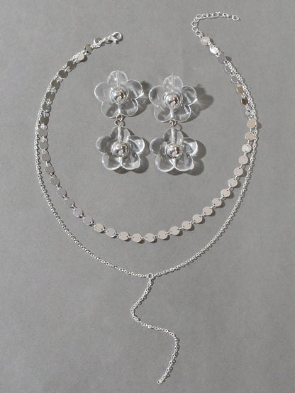 Multi - Layer Tassel Necklace Large Transparent Flower Stud Earrings Jewellery Set - UrbanNest Co
