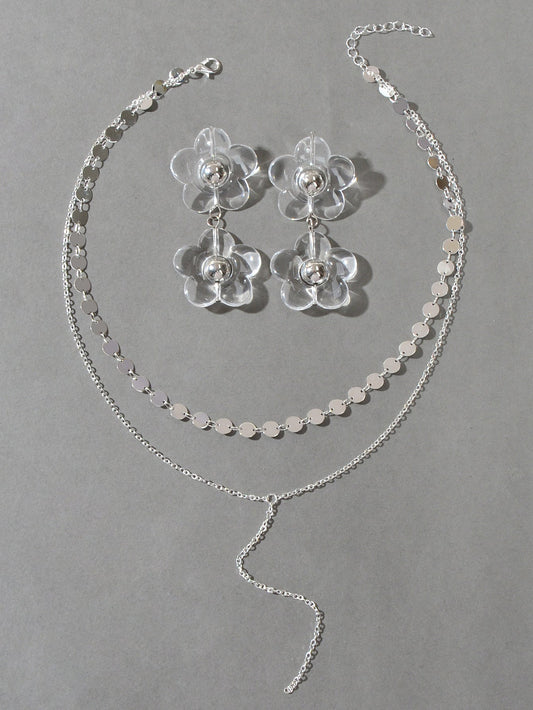 Multi - Layer Tassel Necklace Large Transparent Flower Stud Earrings Jewellery Set - UrbanNest Co