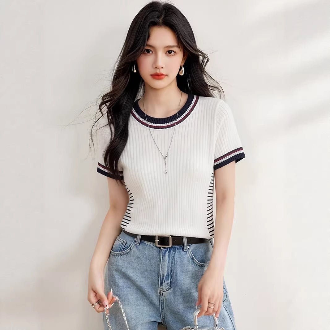 Round Neck Short Sleeve Knit Top, Fitted Elegant and Stylish Casual Blouse - UrbanNest Co