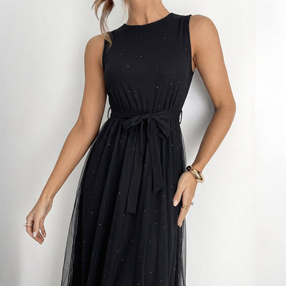 Round Neck Sleeveless Dress, Mesh Splicing Long Dress, Solid Color Belted Evening Dress for Women - UrbanNest Co