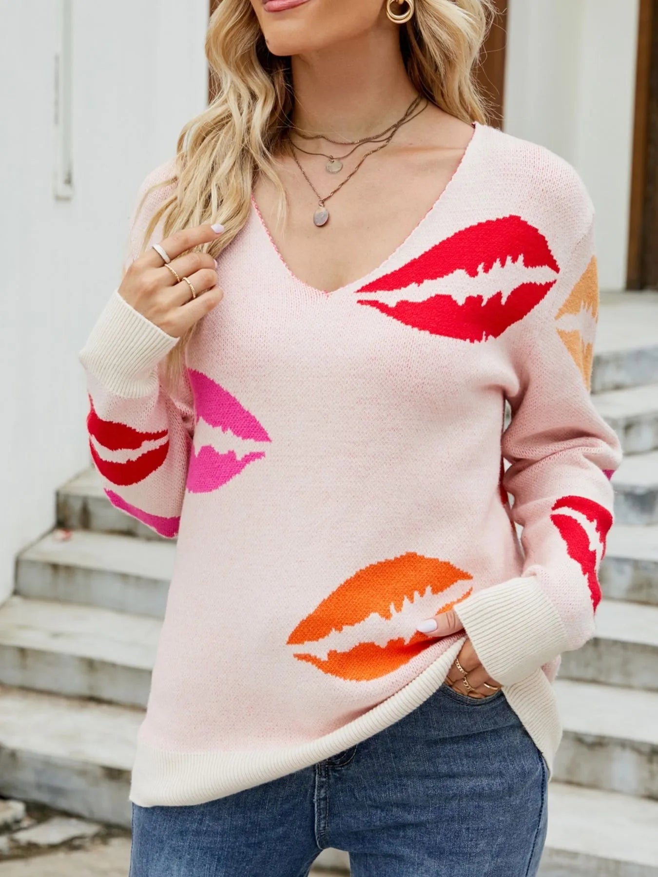 Colorful Lips V - Neck Sweater - UrbanNest Co