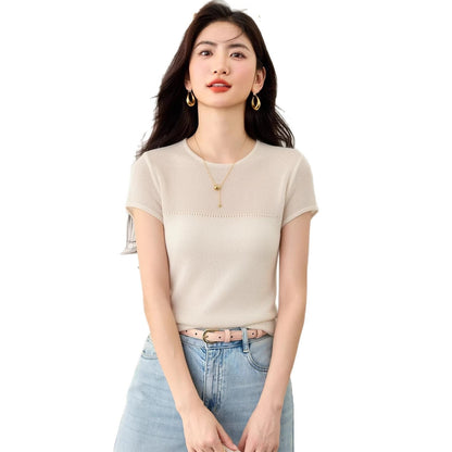 Semi - sheer Knitted Short Sleeve Round Neck T-Shirt for Women Lazy Minimalist Innerwear Top - UrbanNest Co