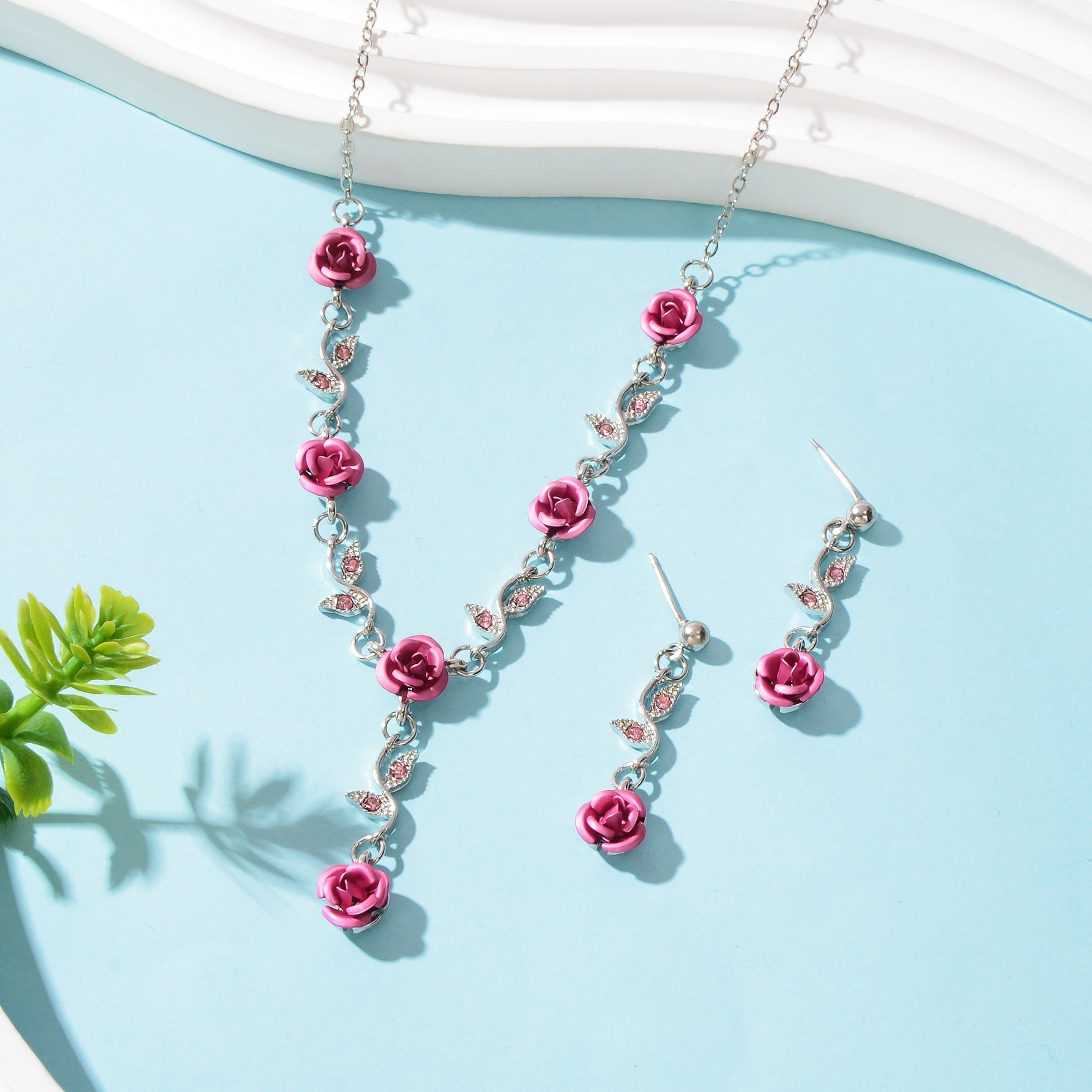 Jewellery set Silvery Chain Pink Flower Pendant Necklace Dangle Earrings - UrbanNest Co