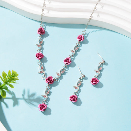 Jewellery set Silvery Chain Pink Flower Pendant Necklace Dangle Earrings - UrbanNest Co