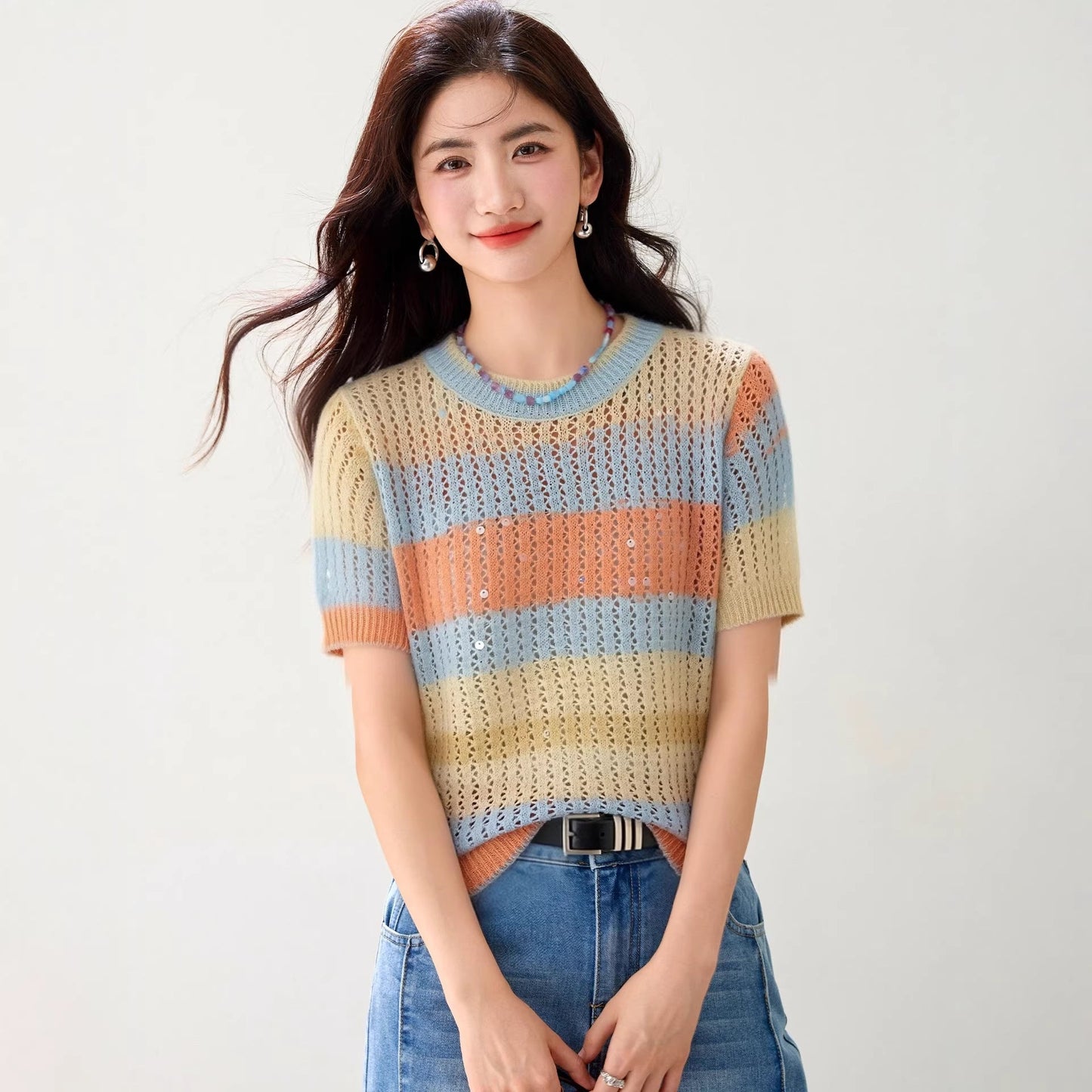 Gradient Stripe Round Neck Short Sleeve Knitwear Women's Versatile Slim Fit Design Top - UrbanNest Co