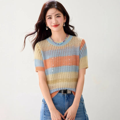 Gradient Stripe Round Neck Short Sleeve Knitwear Women's Versatile Slim Fit Design Top - UrbanNest Co
