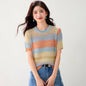 Gradient Stripe Round Neck Short Sleeve Knitwear Women's Versatile Slim Fit Design Top - UrbanNest Co