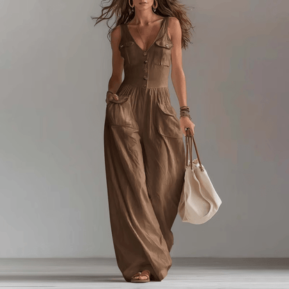 Pocket V - neck button vest jumpsuit for women - UrbanNest Co