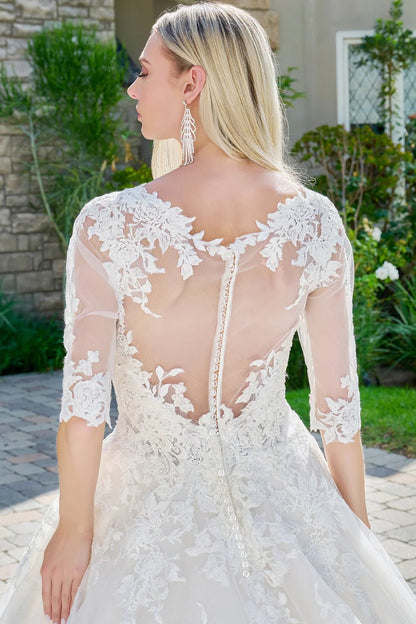 Wedding dress with V - neck, embroidered sparkly mesh and 1/2 sleeves - UrbanNest Co