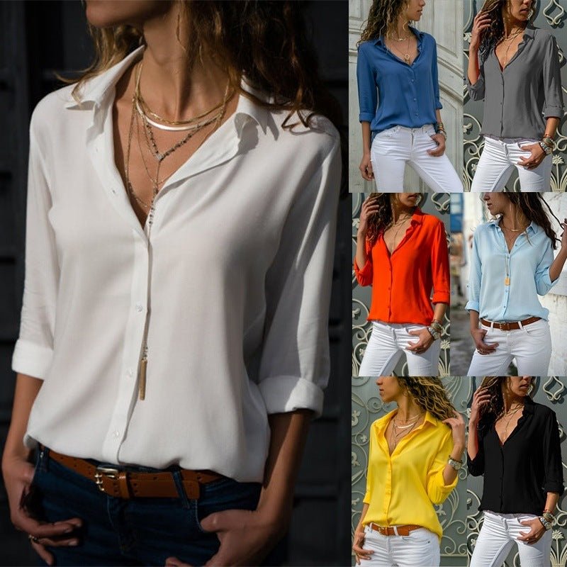 Ladies' Long Sleeve Deep V - Neck Buttoned Chiffon Blouse - UrbanNest Co