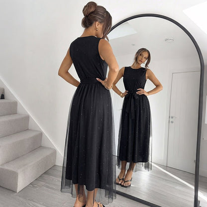Round Neck Sleeveless Dress, Mesh Splicing Long Dress, Solid Color Belted Evening Dress for Women - UrbanNest Co