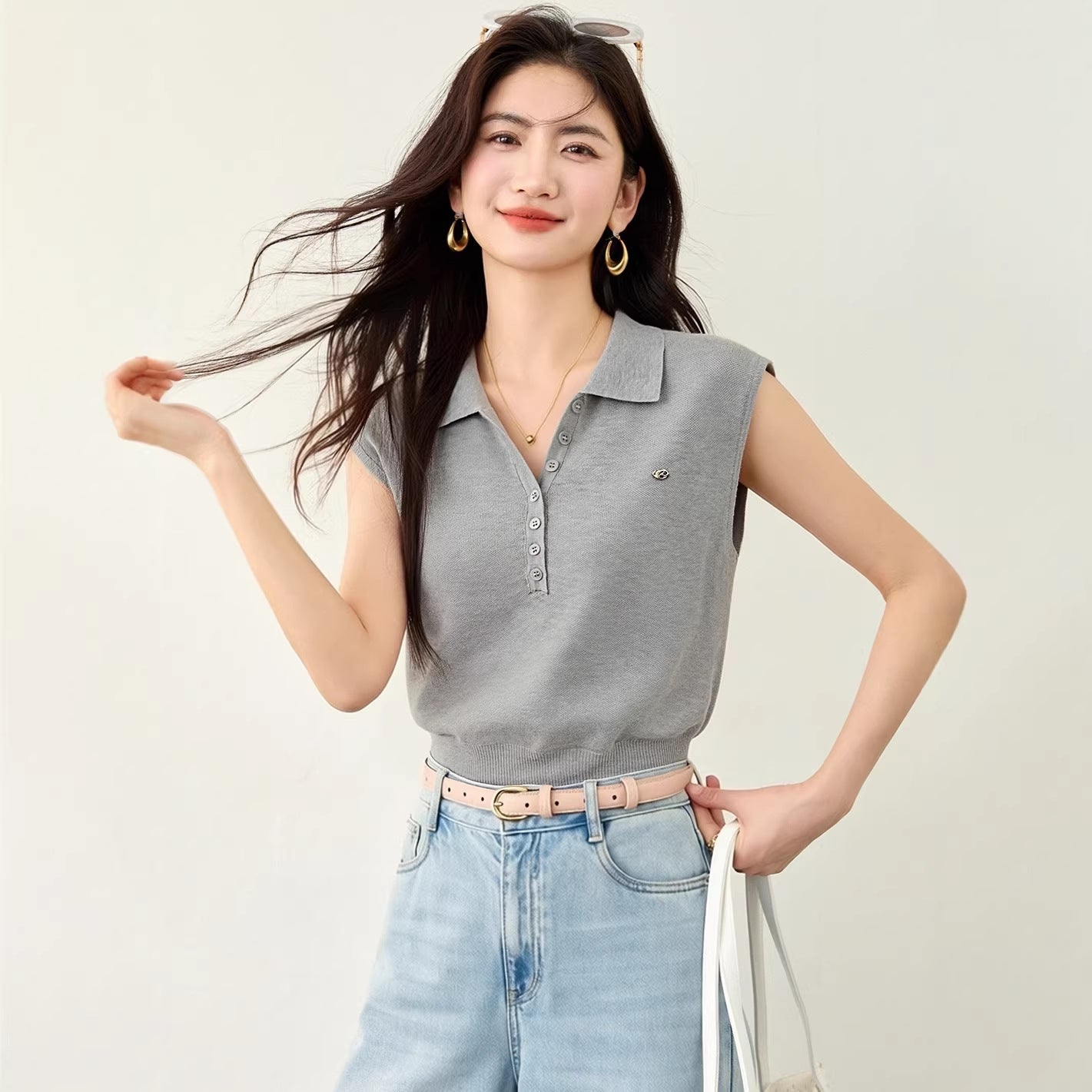 Elegant Blue Short Sleeve Knit Polo Shirt for Women, V - Neck Ice Silk T-Shirt, Summer Flutter Sleeve Loose Top - UrbanNest Co