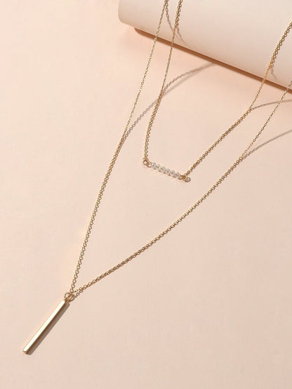 Feelontop Beads Decor Gold Silver Double layer Chain Bar Charm Necklace Jewelry - UrbanNest Co