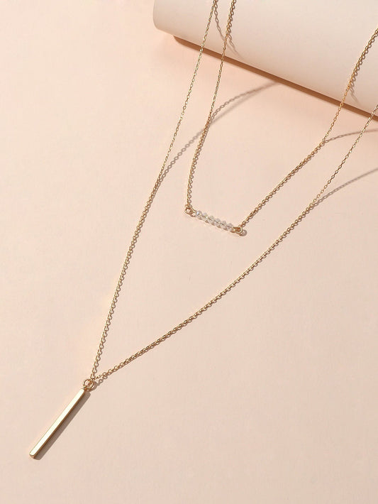 Feelontop Beads Decor Gold Silver Double layer Chain Bar Charm Necklace Jewelry - UrbanNest Co