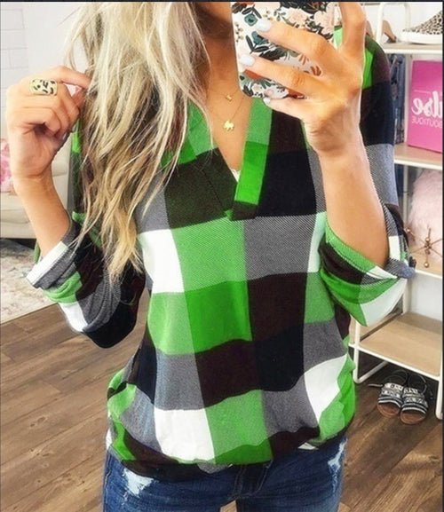 Stylish Plaid Flannel Shirt - Soft Long Sleeve V - Neck Top With Relaxed - UrbanNest Co