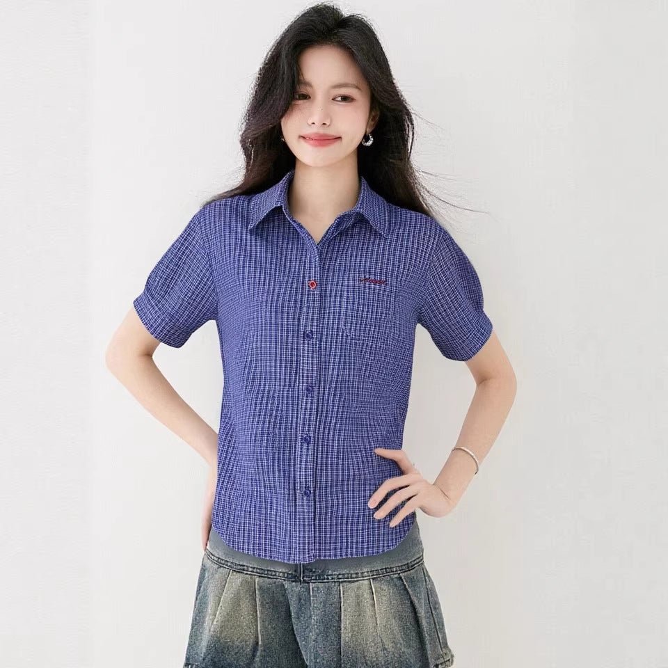 Blue and White Checkered Short Sleeve Shirt for WomenDesign Sense Versatile Casual Top - UrbanNest Co