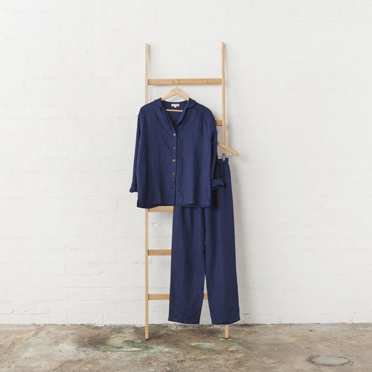 Linen Pyjama Set in Navy - UrbanNest Co