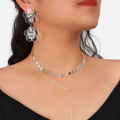 Multi - Layer Tassel Necklace Large Transparent Flower Stud Earrings Jewellery Set - UrbanNest Co
