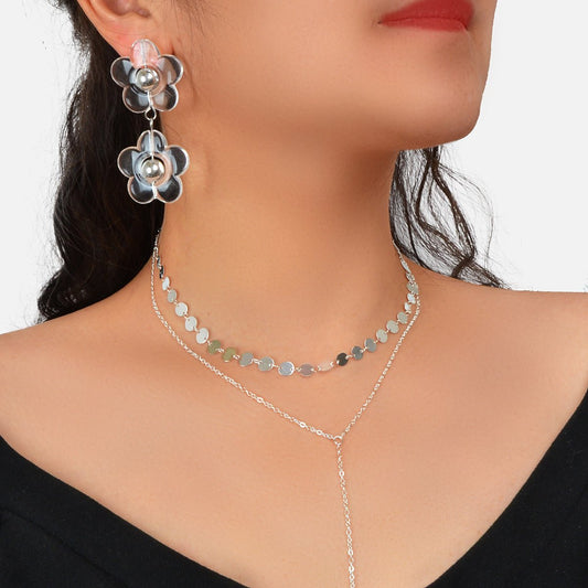 Multi - Layer Tassel Necklace Large Transparent Flower Stud Earrings Jewellery Set - UrbanNest Co