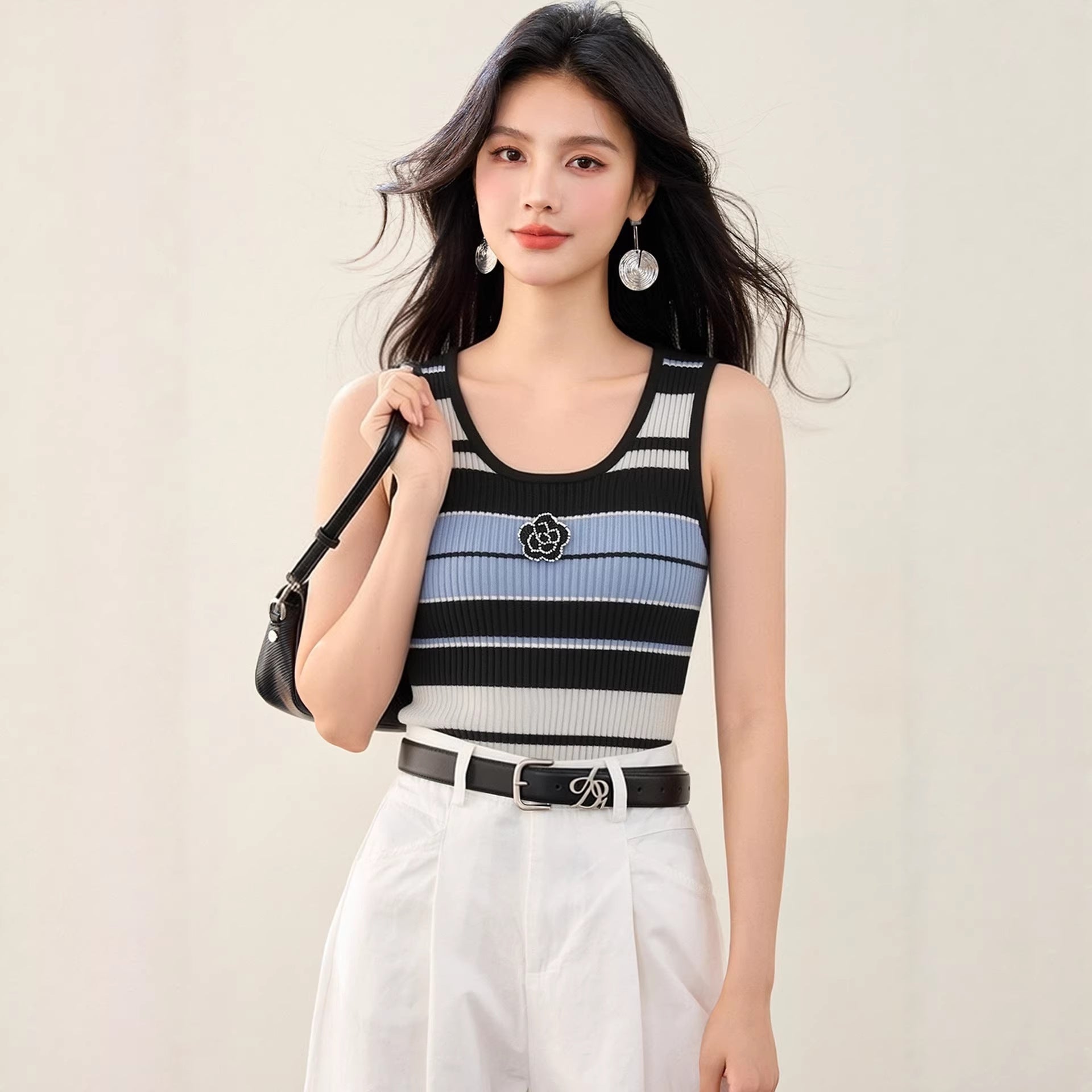 Chic Color - Block Stripe Sleeveless Knit Top Women's Fashion Summer Casual Elegant Chanel - Inspired Slim Fit Crew Neck Vest - UrbanNest Co